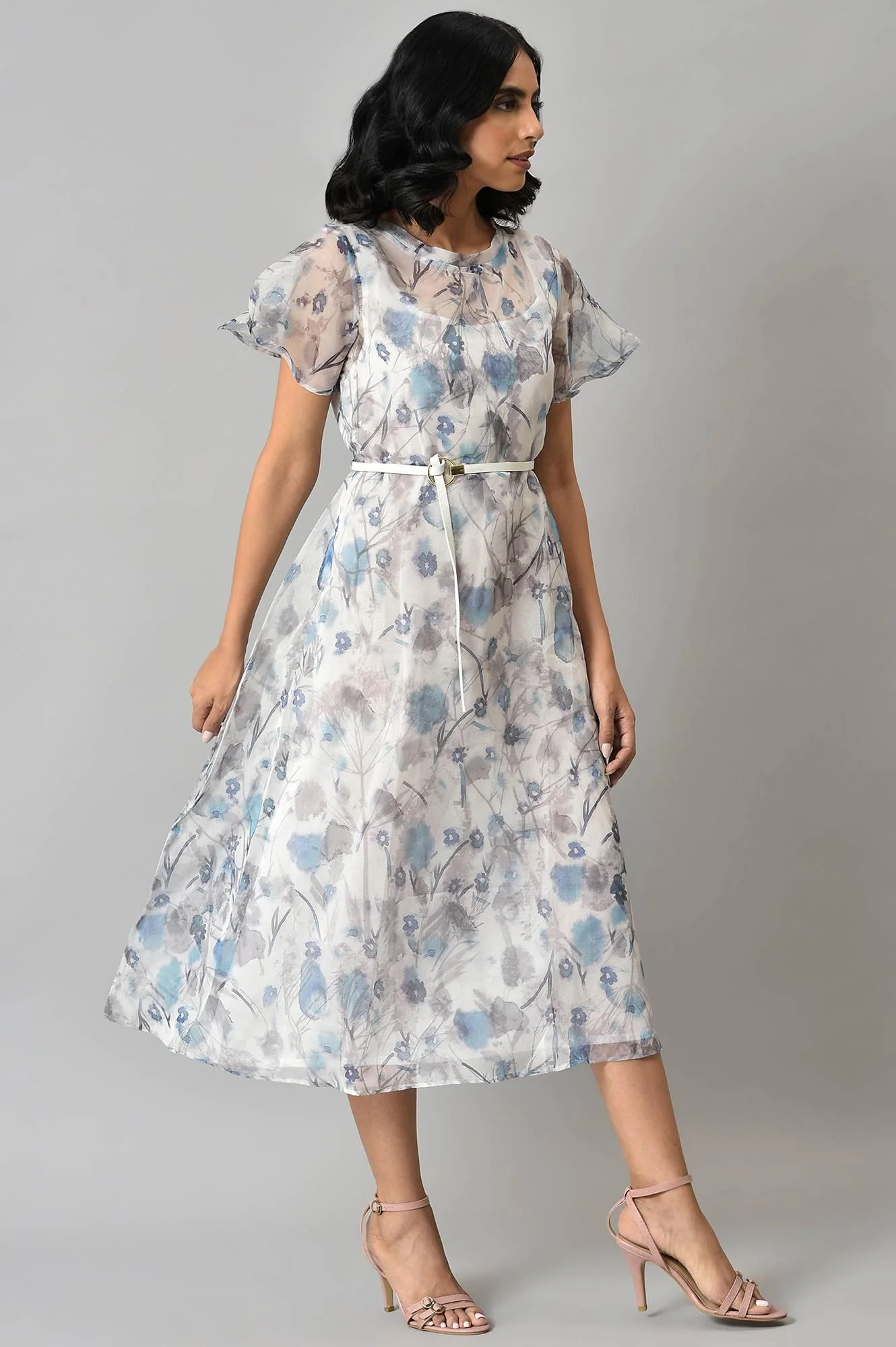 Light Blue Floral Printed Organza Dress with Inner - Image 4