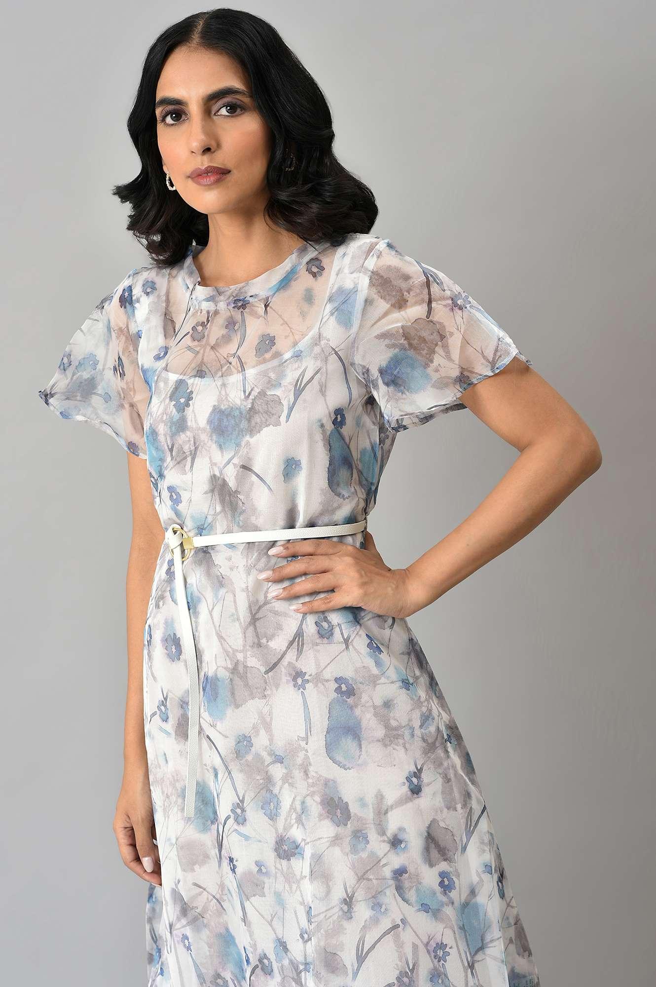 Light Blue Floral Printed Organza Dress with Inner - Image 5