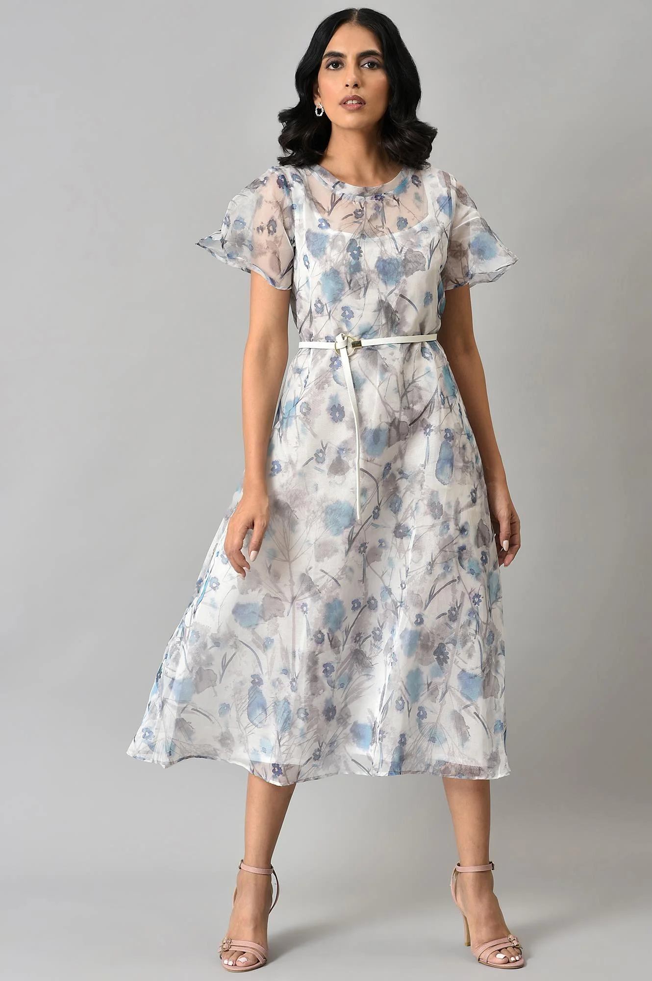 Light Blue Floral Printed Organza Dress with Inner - Image 6
