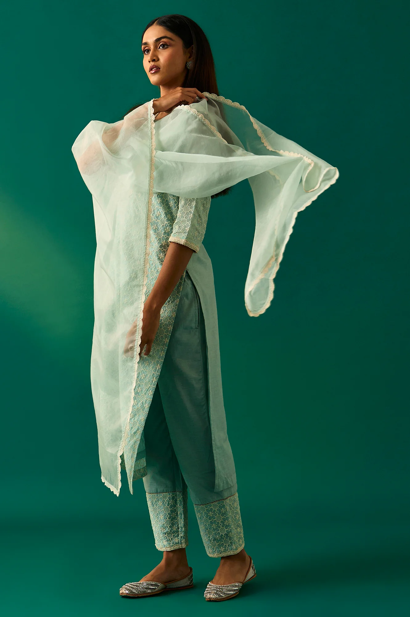 Light Blue Floral Printed Embroidered Tencel Straight Kurta, Pants and Dupatta Set - Image 3