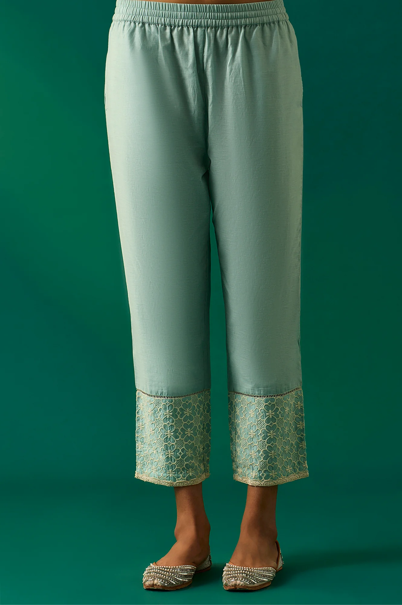 Light Blue Floral Printed Embroidered Tencel Straight Kurta, Pants and Dupatta Set - Image 7