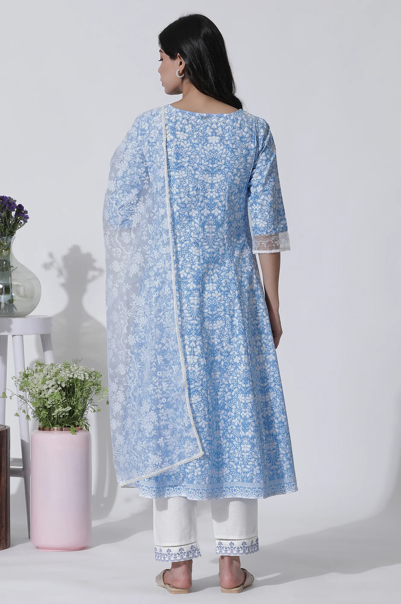 Light Blue Floral Printed Flared Kurta, Straight Pants And Dupatta Set - Image 4