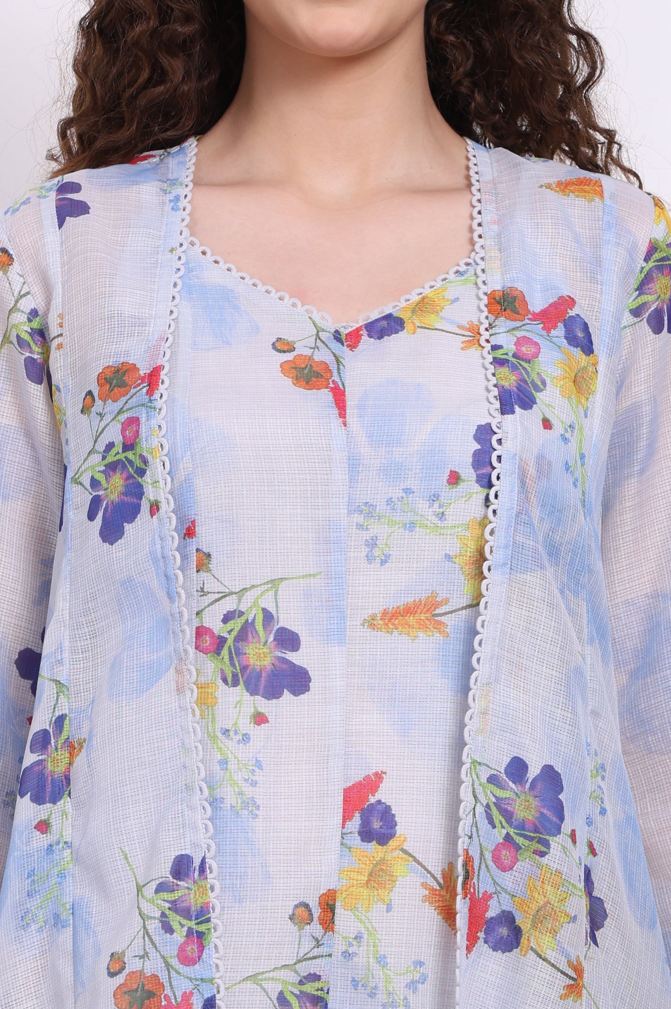 Light Blue Floral Printed Kota Spaghetti Dress and Jacket Set - Image 3