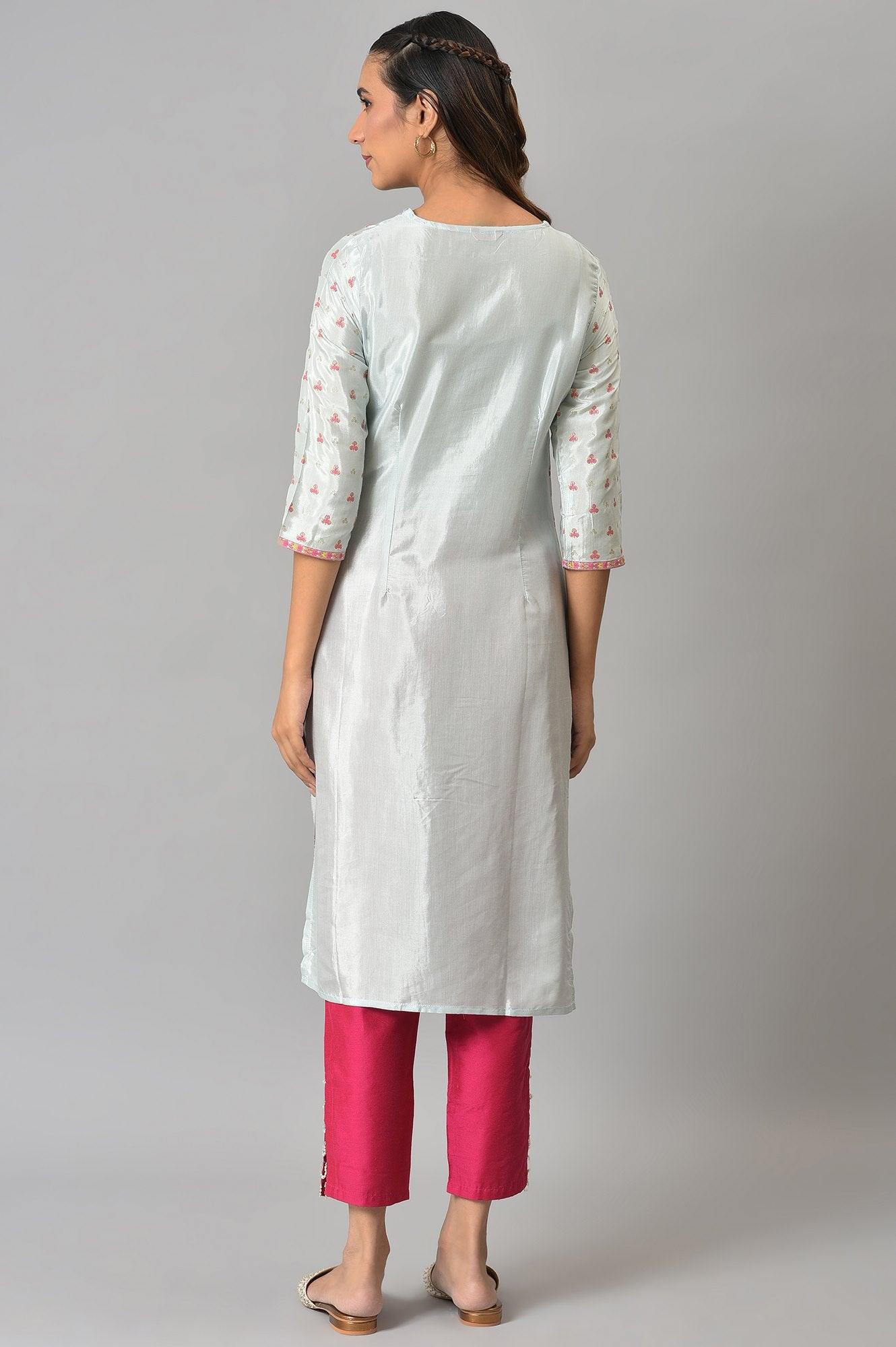 Light Blue Floral Printed kurta With Embroidery - Image 2