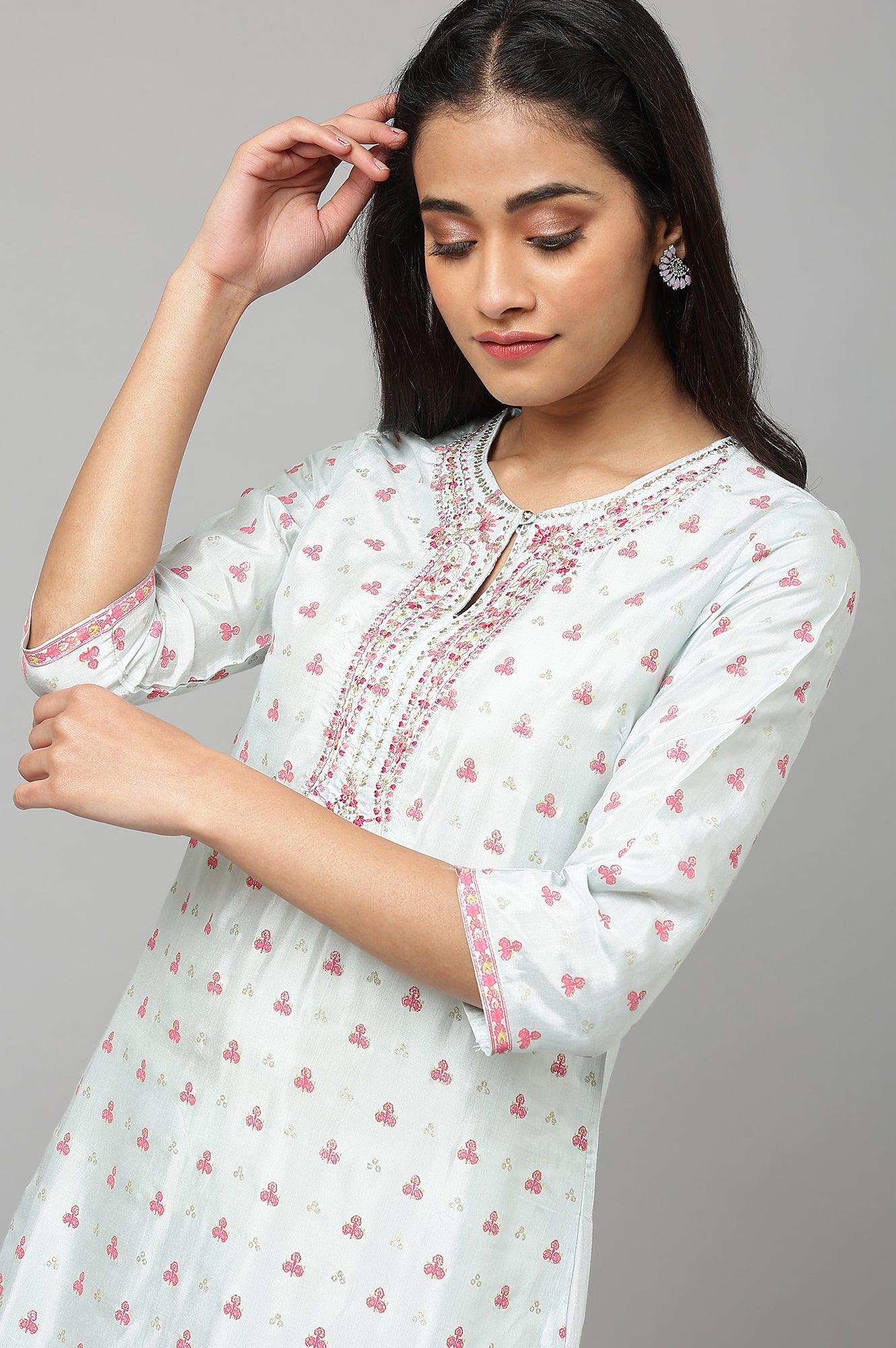 Light Blue Floral Printed kurta With Embroidery - Image 9