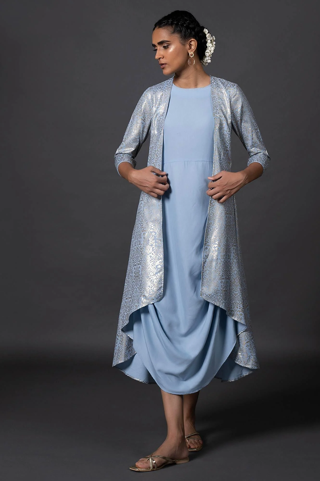 Light Blue Floral Printed Mock Layered Dress - Image 5