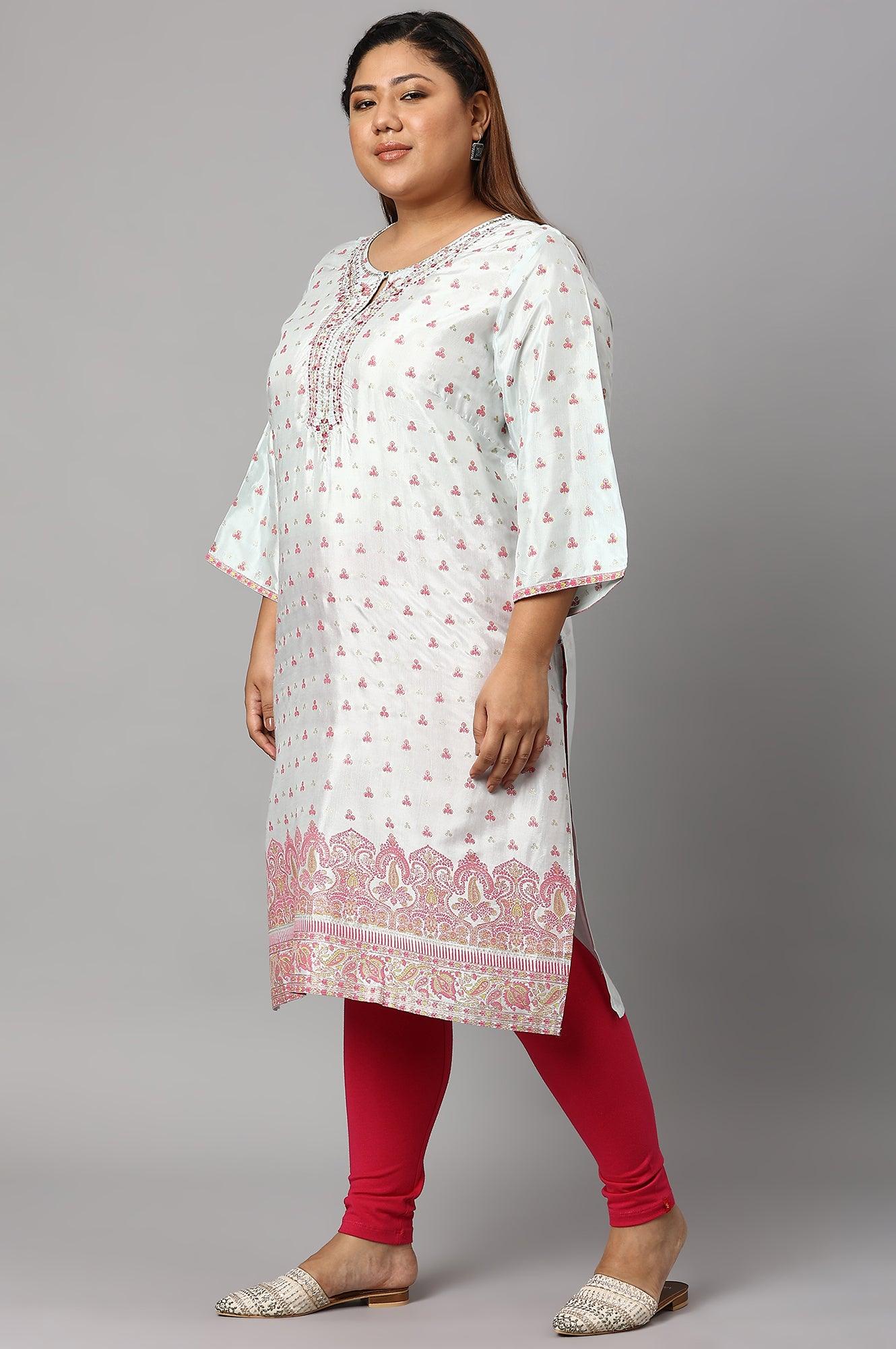 Light Blue Floral Printed Plus Size kurta With Embroidery - Image 3