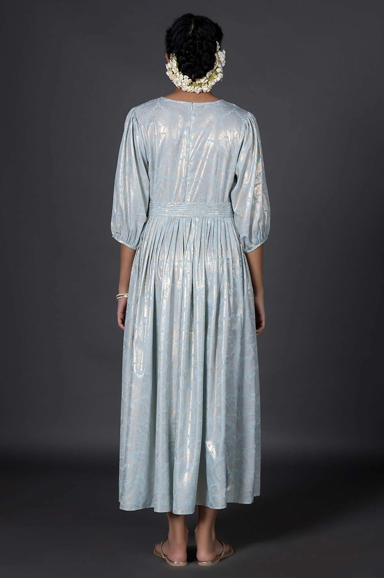 Light Blue Foil Printed Pleated Dress With Belt - Image 2