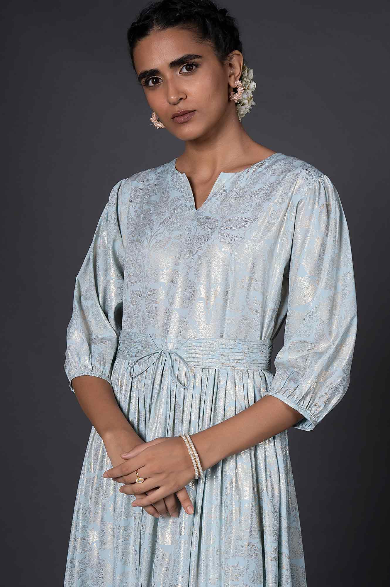 Light Blue Foil Printed Pleated Dress With Belt - Image 5