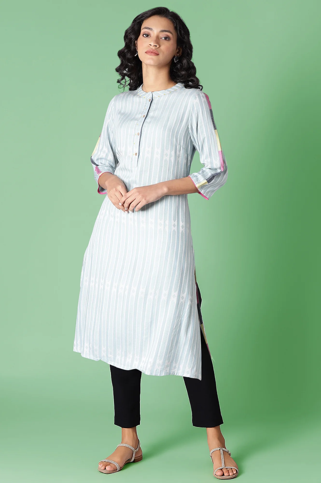 Light Blue Geometric Printed Rayon Dobby Straight Kurta with Slim Pant Set