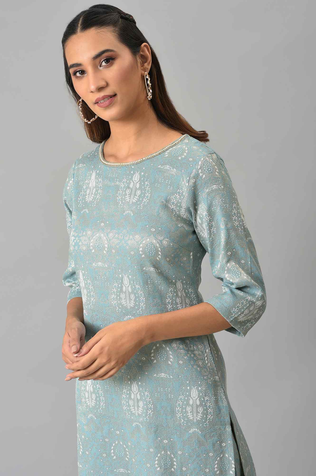 Light Blue Jacquard kurta And Pants Co-Ord Set - Image 5