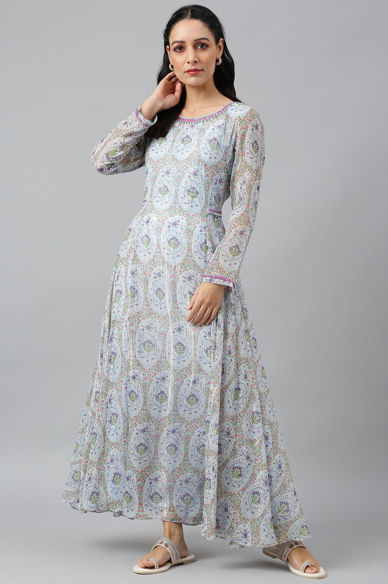 Light Blue Paisley Print Chiffon Dress With Sequin - Image 5