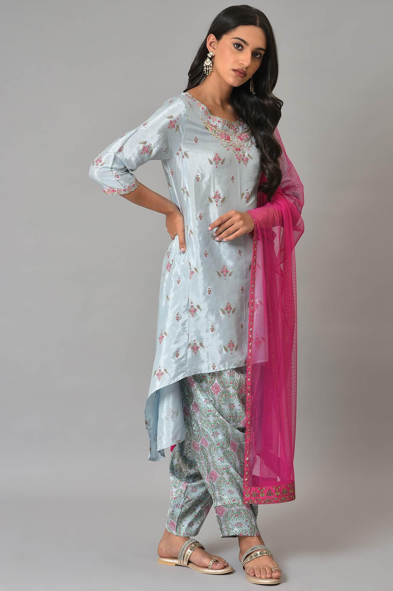 Light Blue Paisley Print High-Low kurta With Draped Pants And Pink Dupatta - Image 4