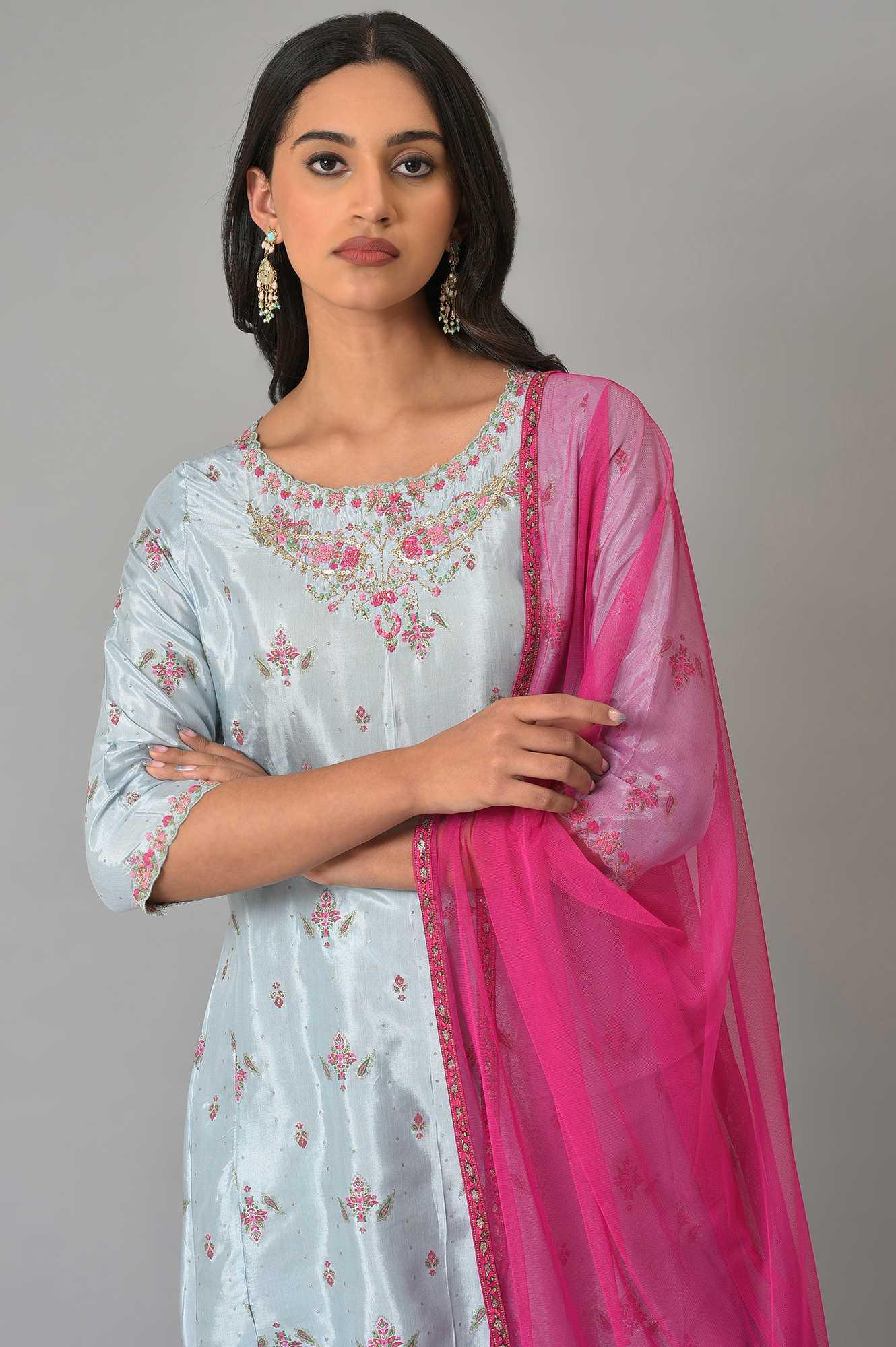 Light Blue Paisley Print High-Low kurta With Draped Pants And Pink Dupatta - Image 5