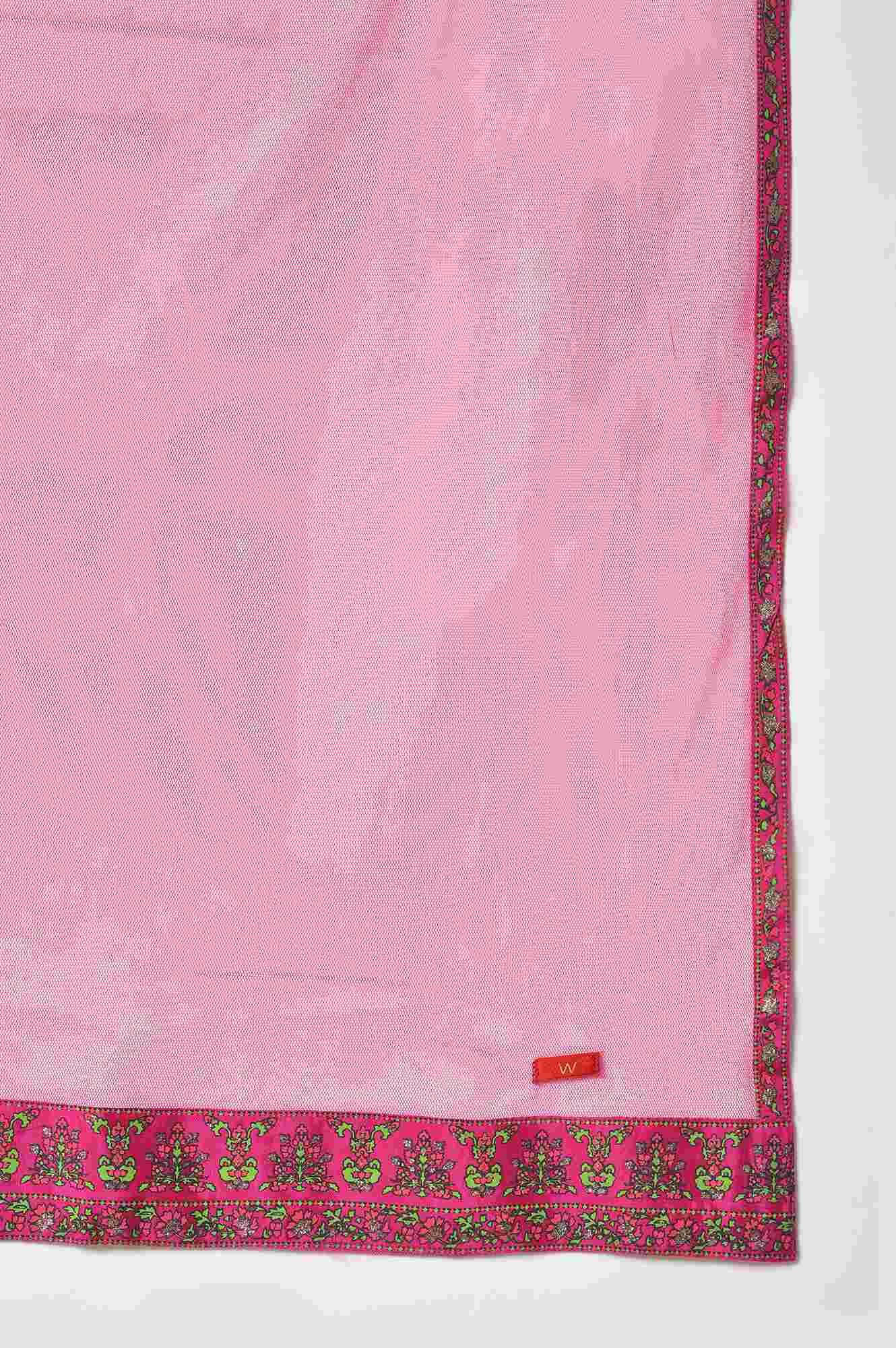 Light Blue Paisley Print High-Low kurta With Draped Pants And Pink Dupatta - Image 9