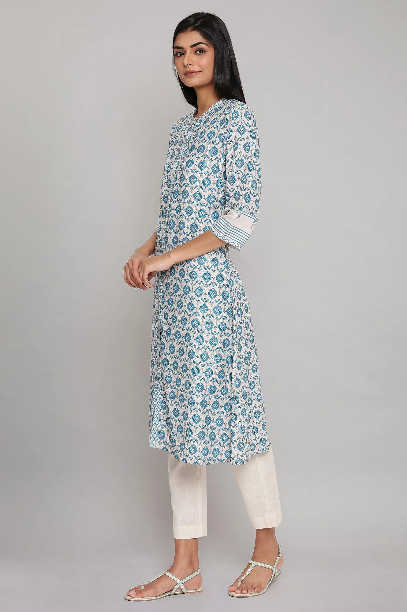 Light Blue Printed Full Placket kurta - Image 3