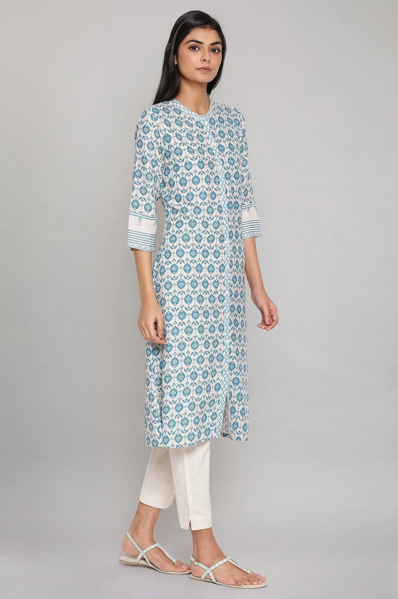 Light Blue Printed Full Placket kurta - Image 4