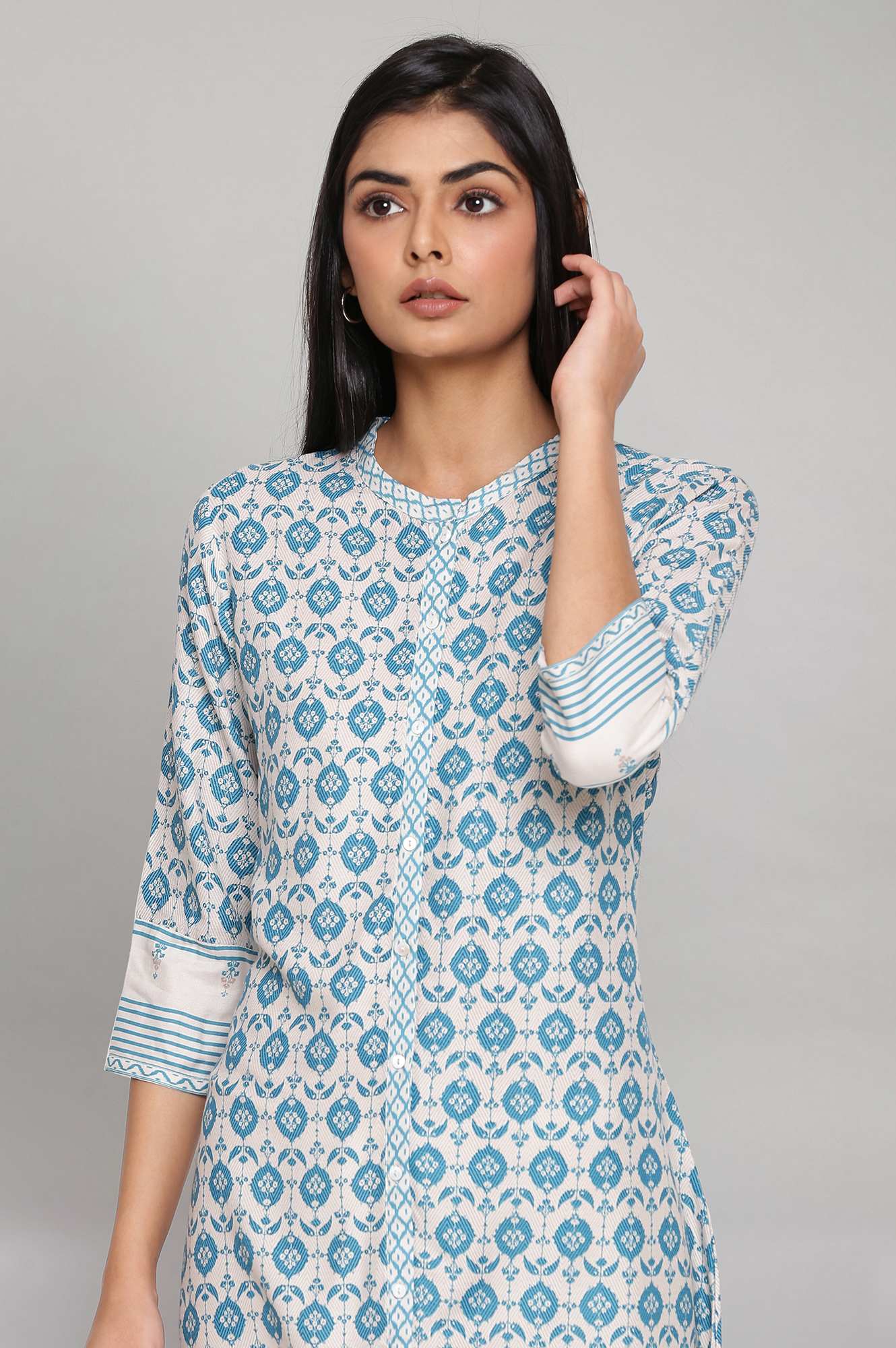 Light Blue Printed Full Placket kurta - Image 5