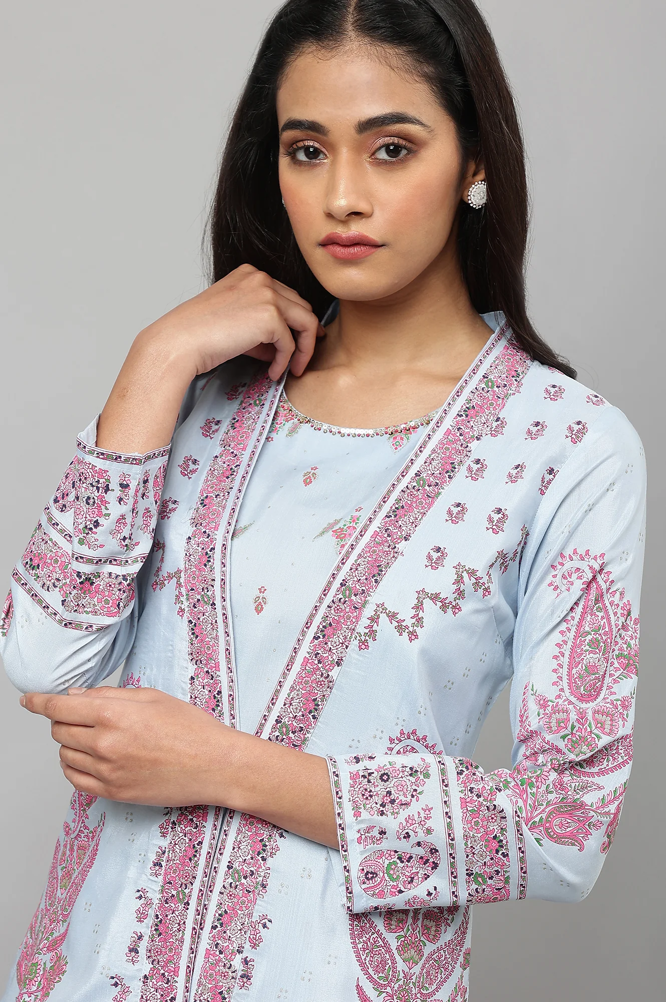 Light Blue Printed Duo Dress With Jacket - Image 10