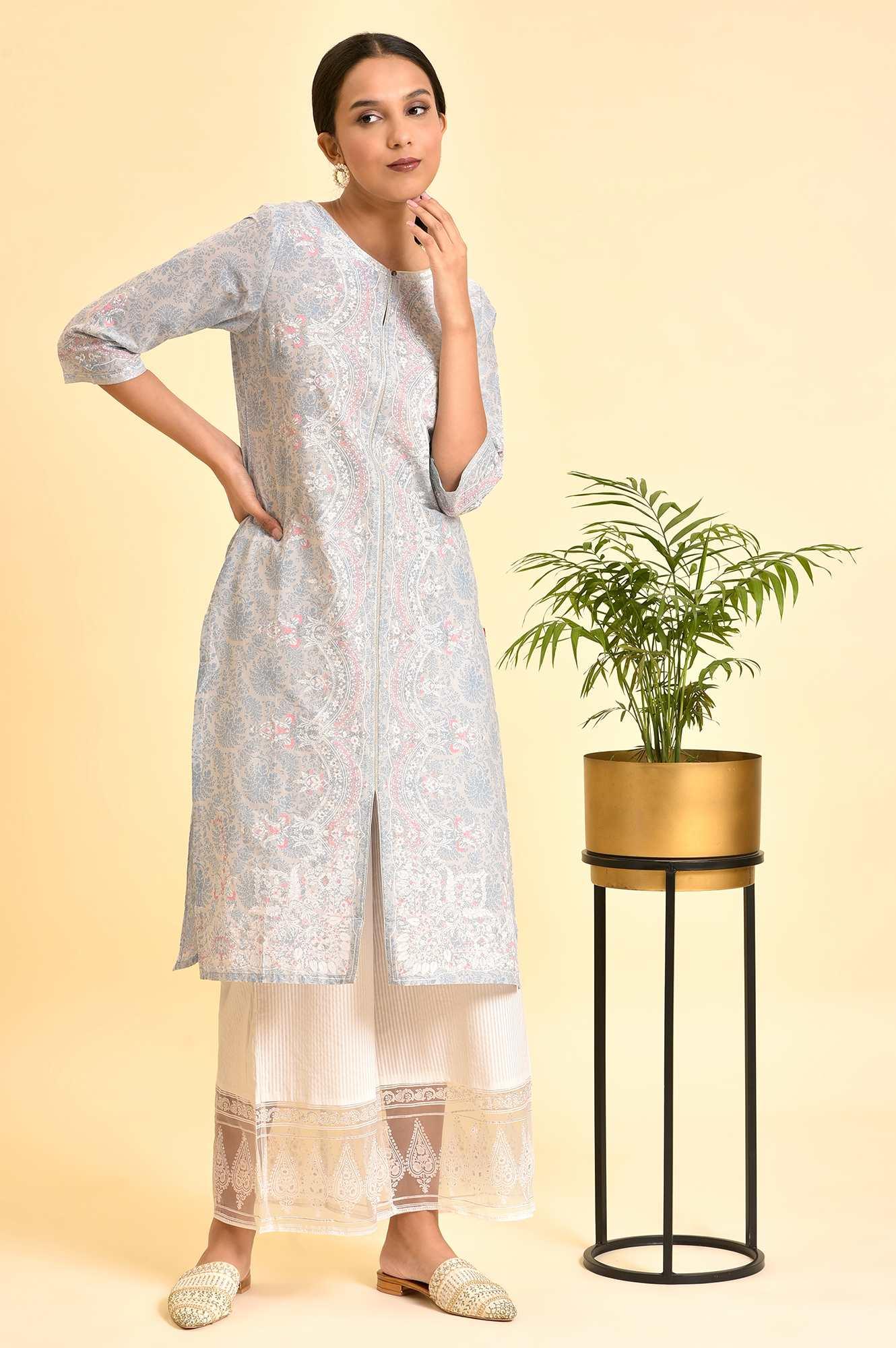 Light Blue Printed Kurta And Parallel Pants Set