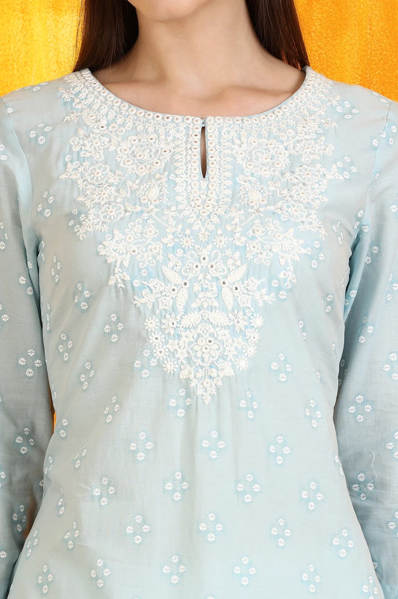 Light Blue Printed Pure Cotton Straight Kurta with Embroidery - Image 4