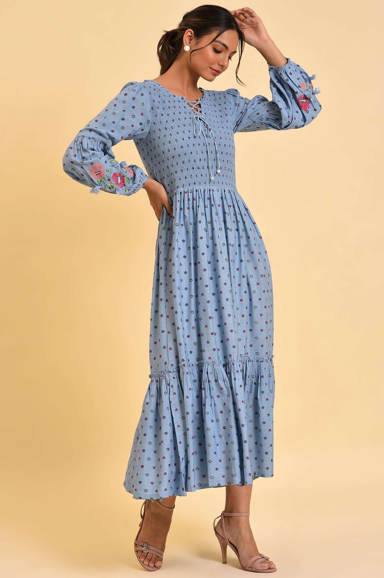Light Blue Printed Tiered Long Dress - Image 4