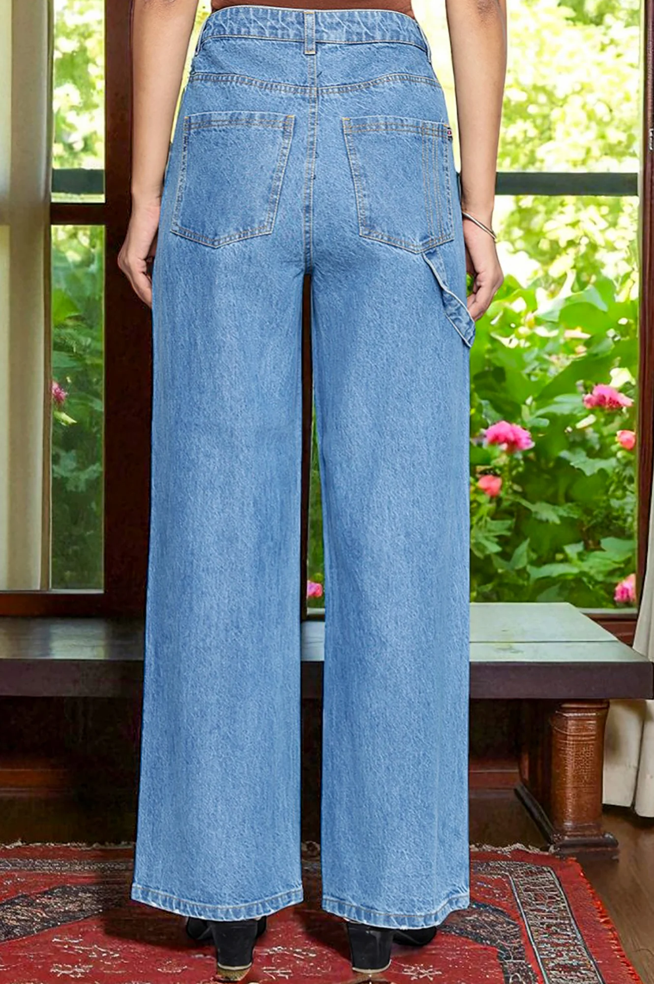 Light Blue Pure Cotton Flared Denim Pants with YKK Zipper - Image 5