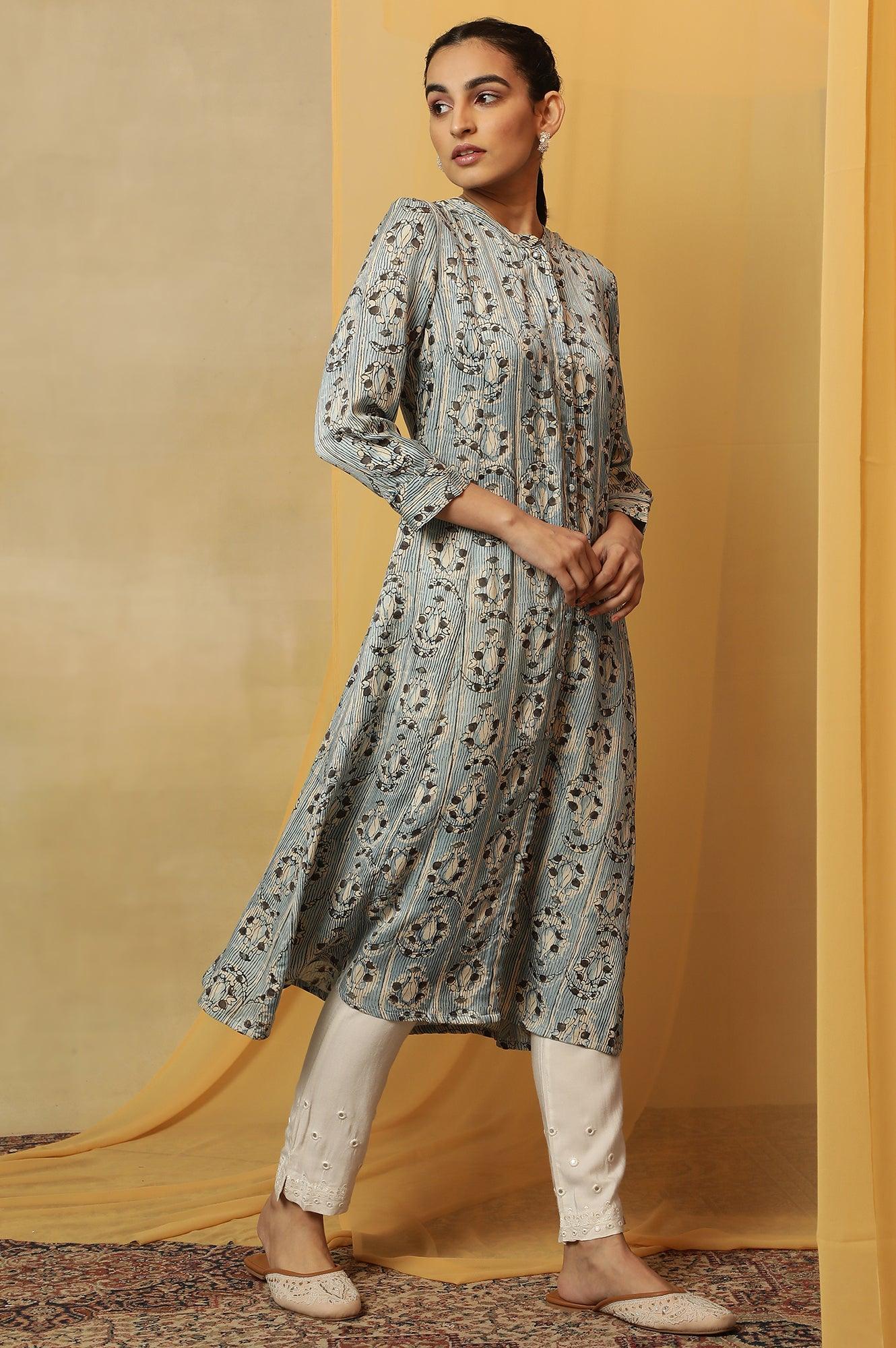Light Blue Shirt Dress Kurta In Shiny Satin - Image 5
