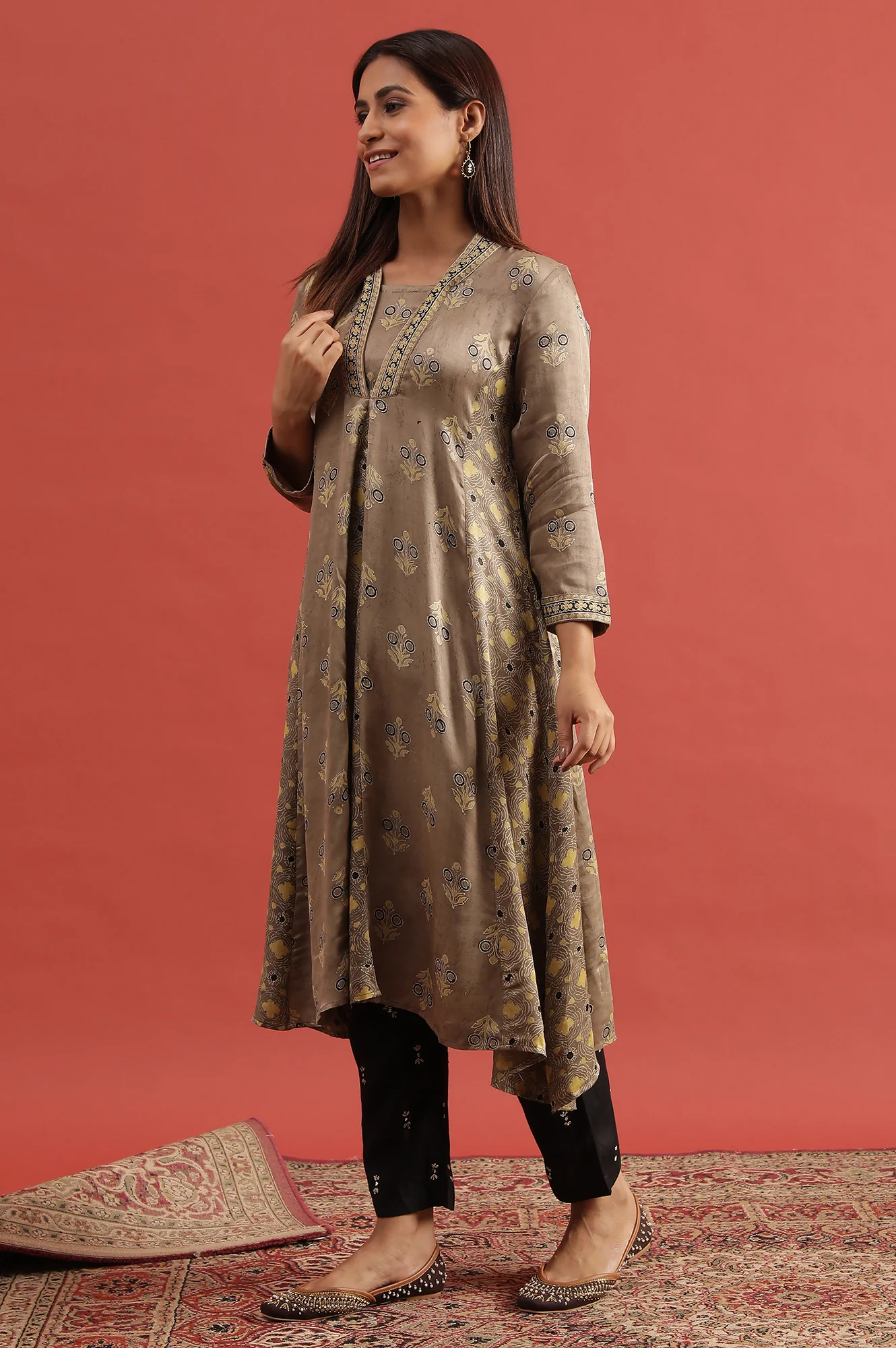 Light Brown Ajrakh Print Flared Kurta - Image 3