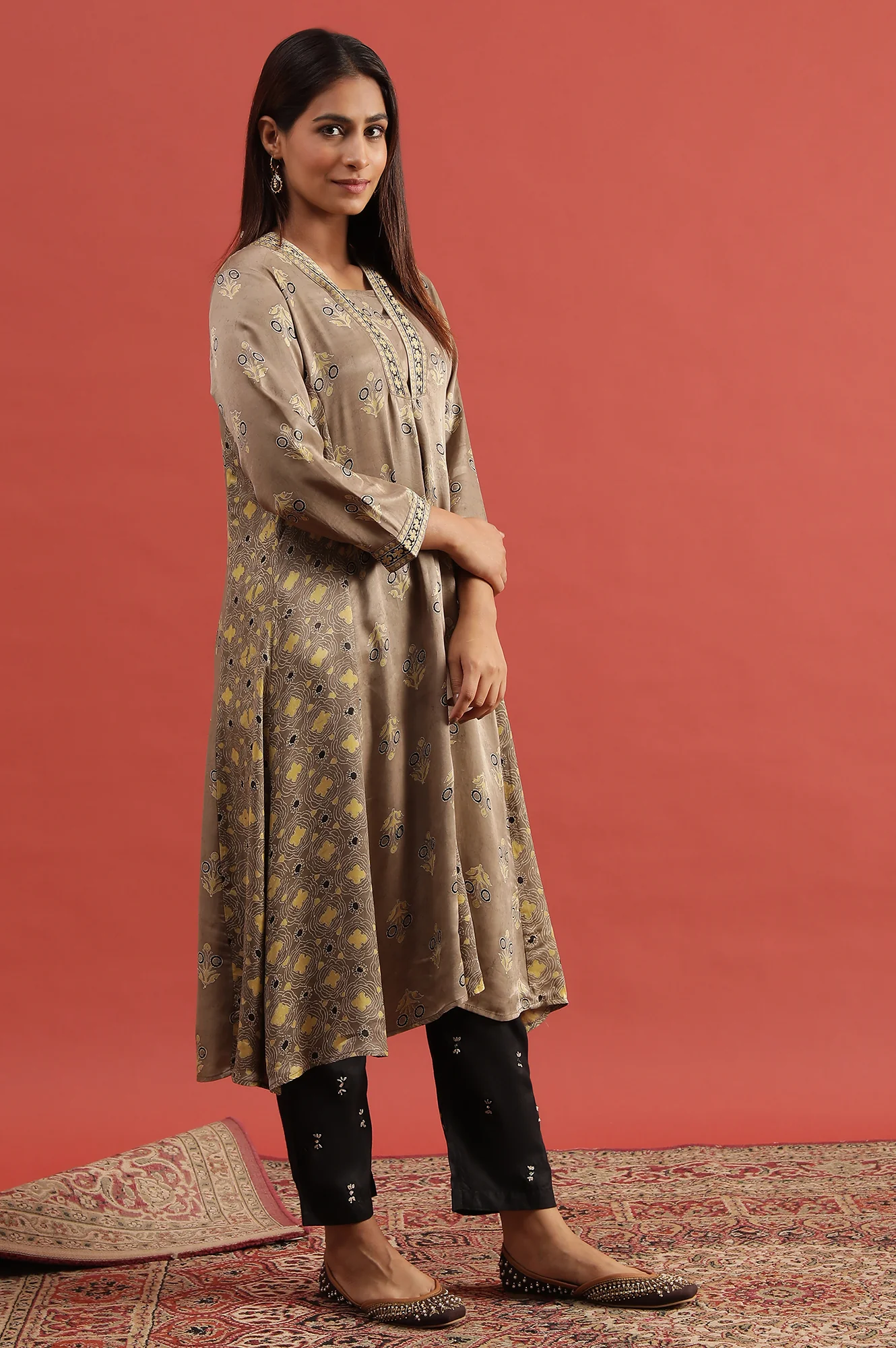 Light Brown Ajrakh Print Flared Kurta - Image 5
