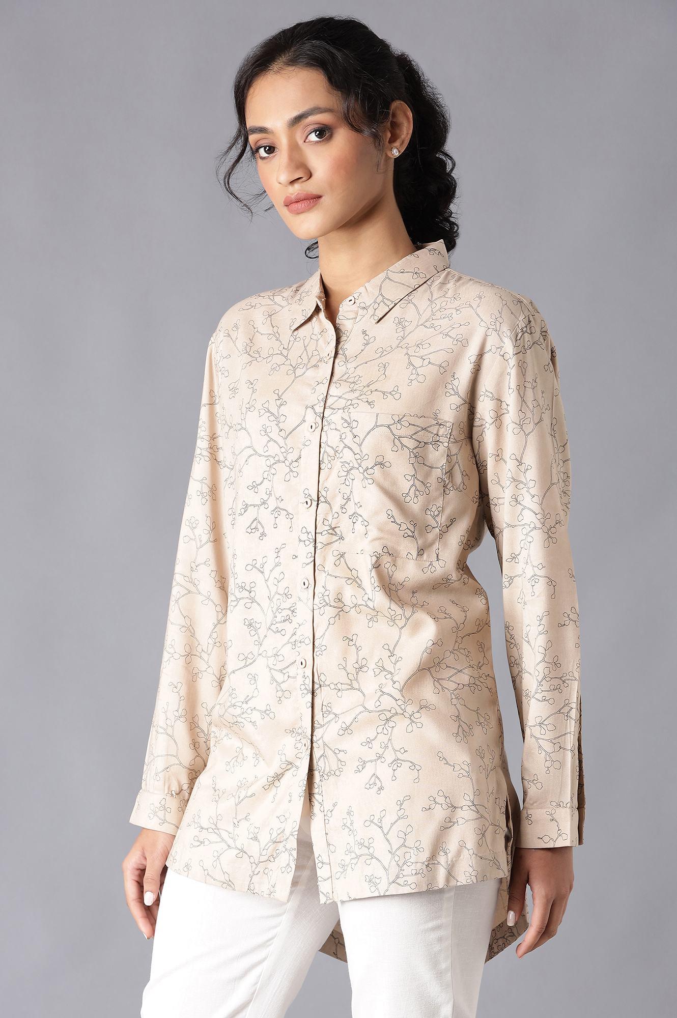 Light Brown Floral Print High-Low Shirt - Image 3