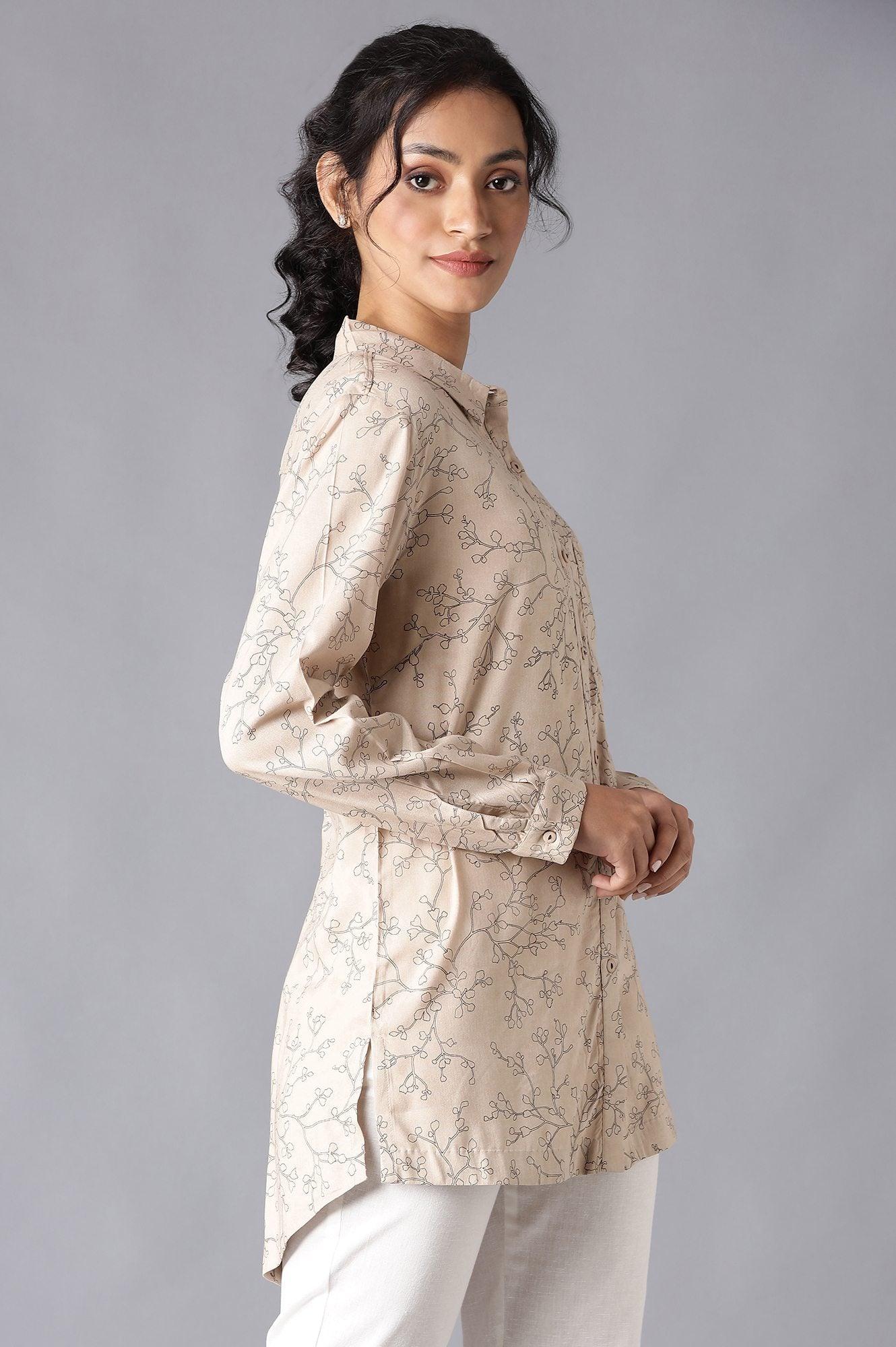 Light Brown Floral Print High-Low Shirt - Image 4