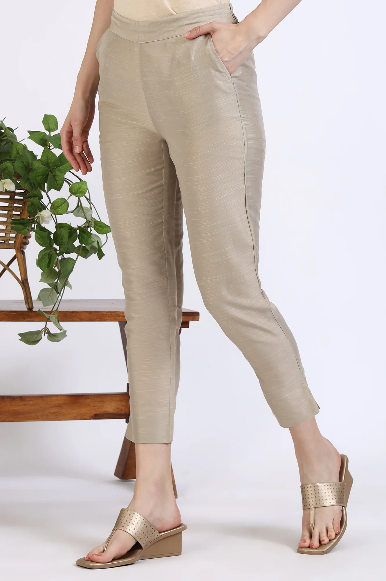 Light Gold Solid Yarn Dyed Trousers - Image 2