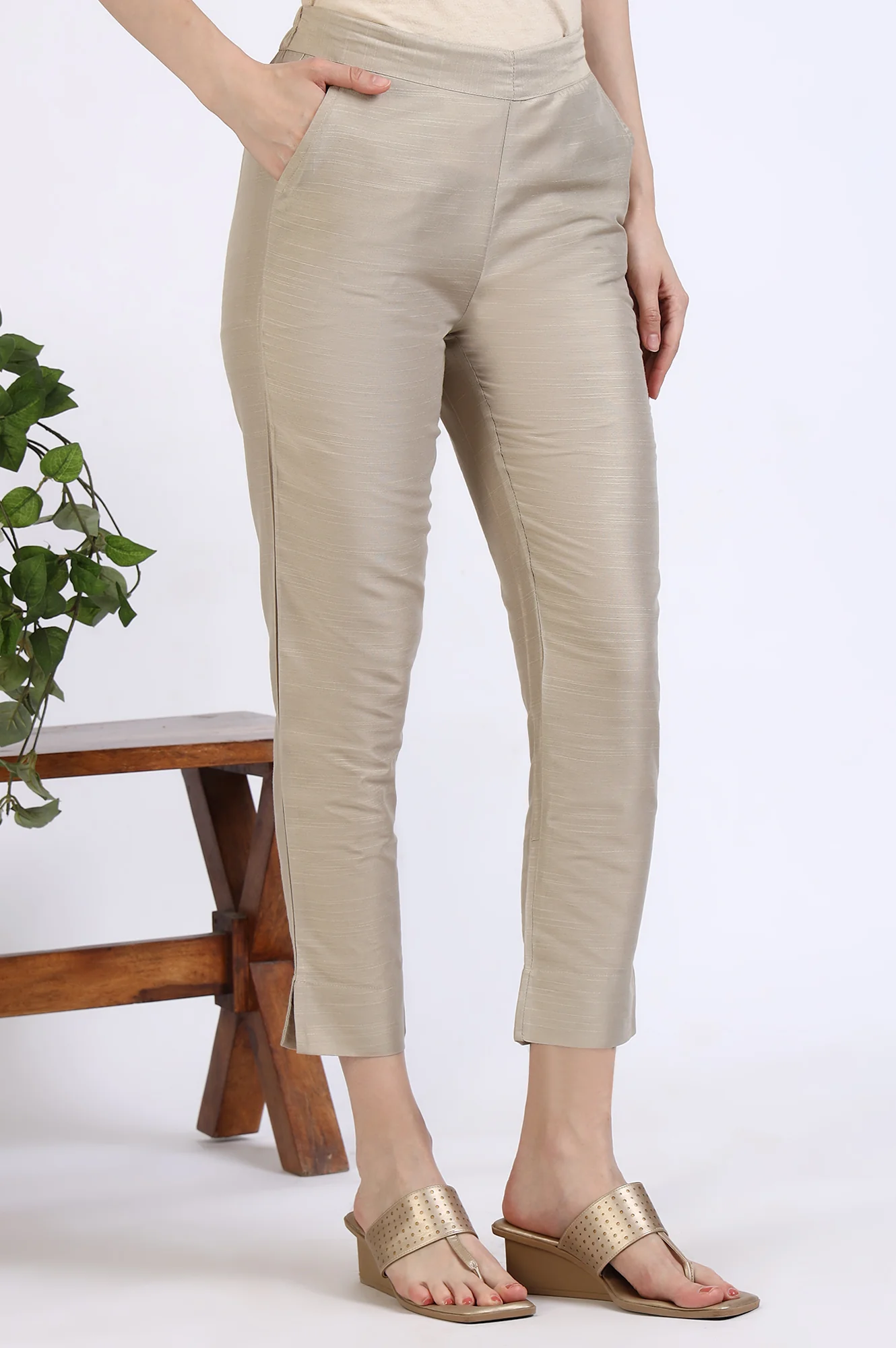 Light Gold Solid Yarn Dyed Trousers - Image 3