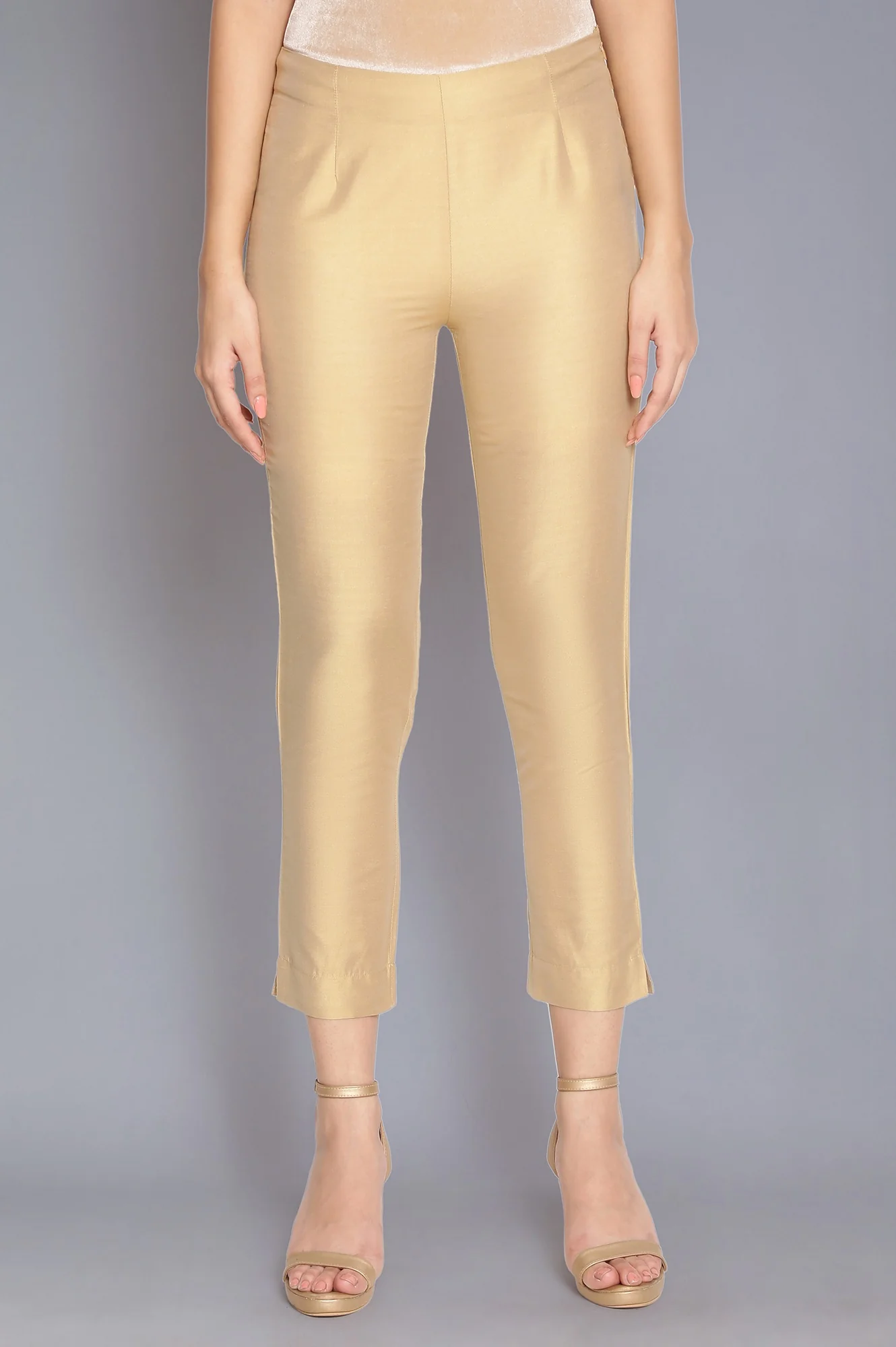 Light Golden Cotton Flax Fitted Pants - Image 2