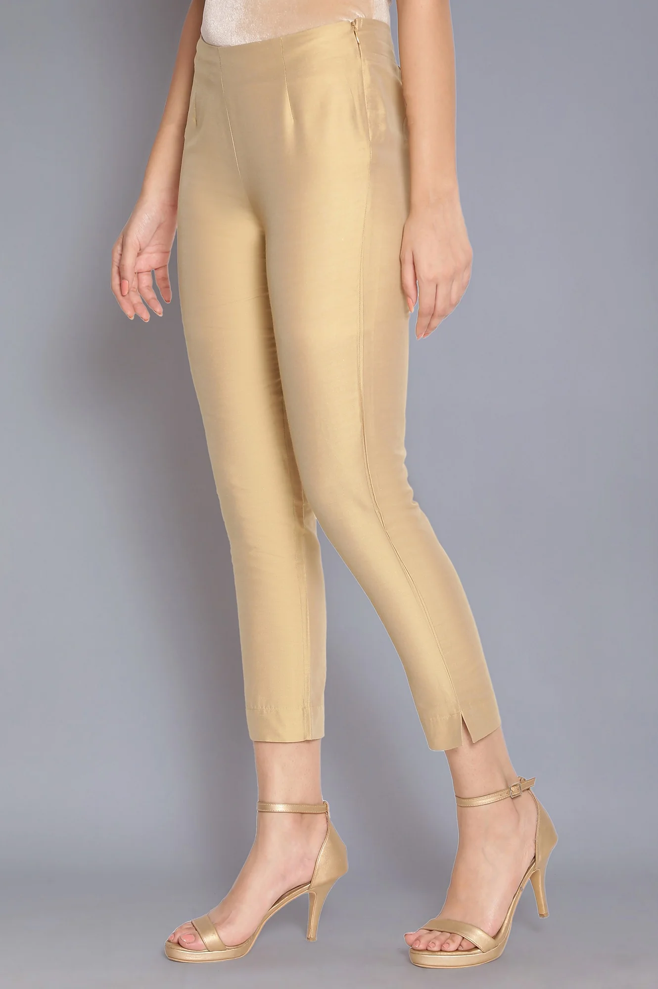 Light Golden Cotton Flax Fitted Pants - Image 4
