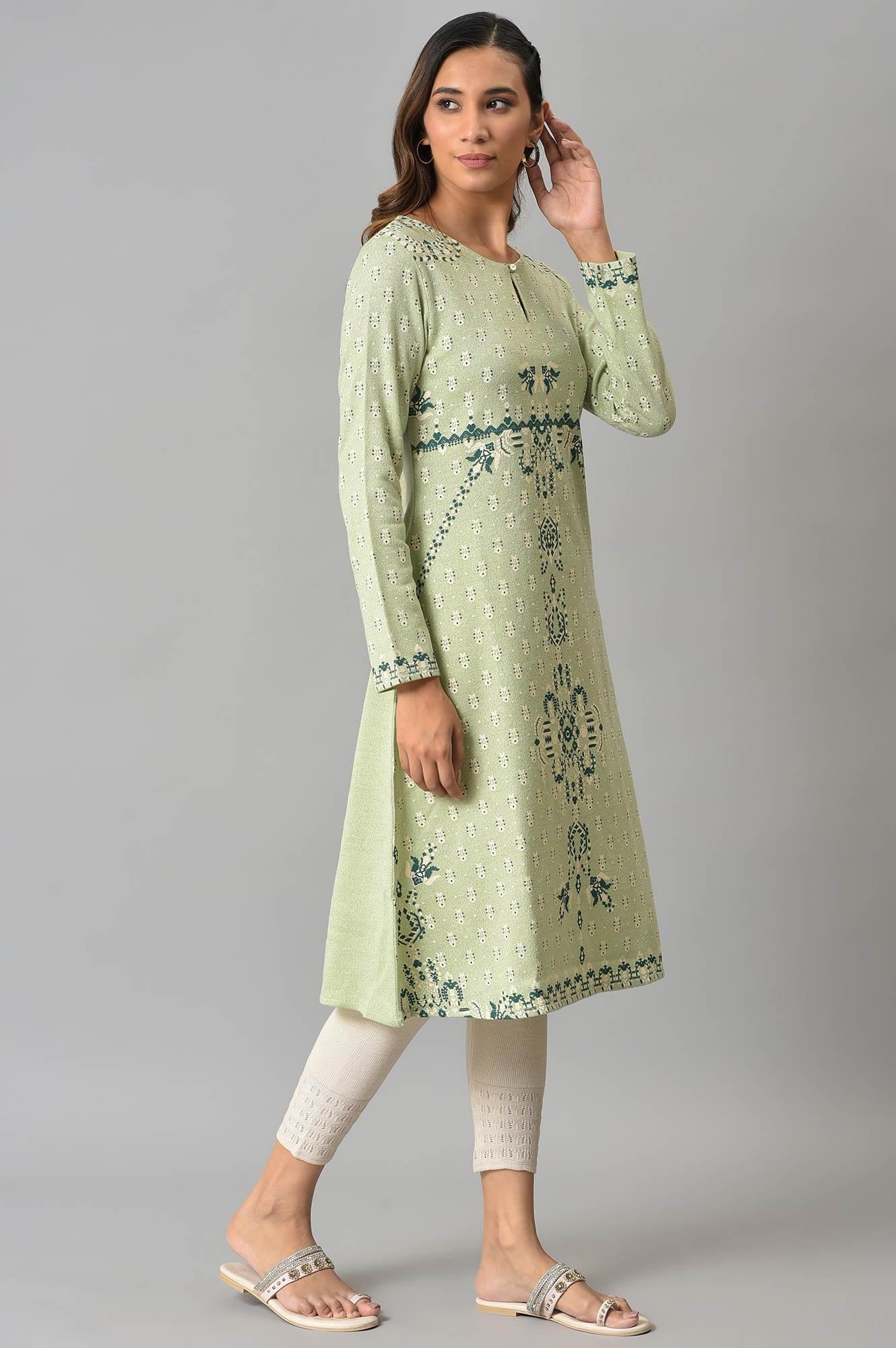 Light Green A-Line Floral Printed Winter kurta - Image 4