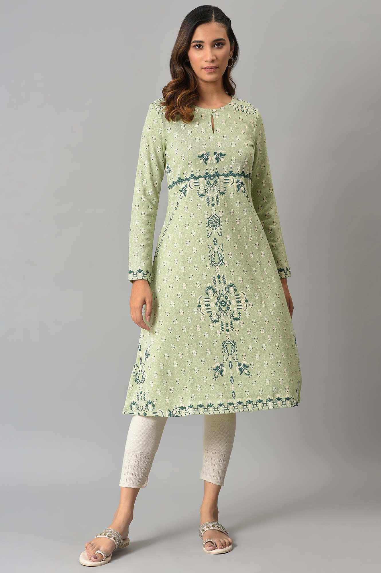 Light Green A-Line Floral Printed Winter kurta - Image 5