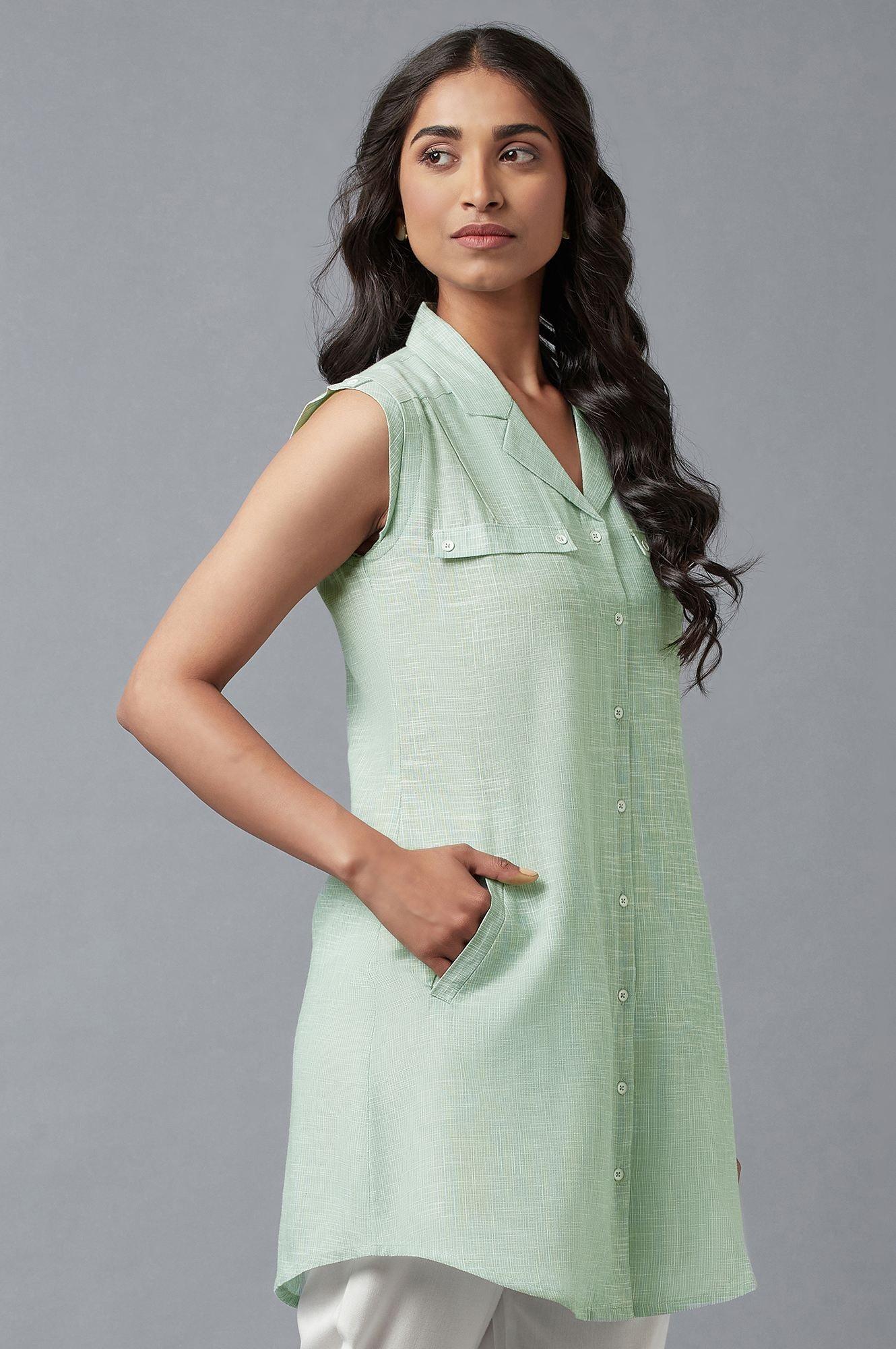 Light Green And Ecru Stripe Print Cotton Sleeveless Tunic - Image 3