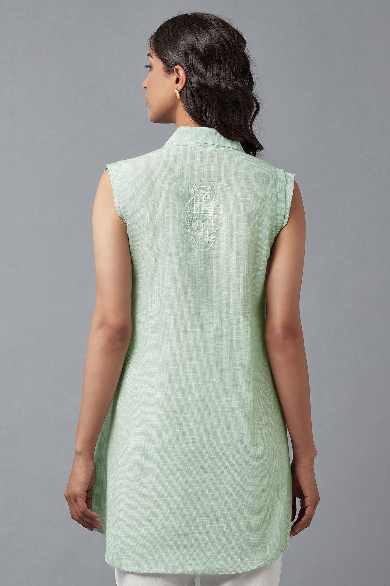 Light Green And Ecru Stripe Print Cotton Sleeveless Tunic - Image 4