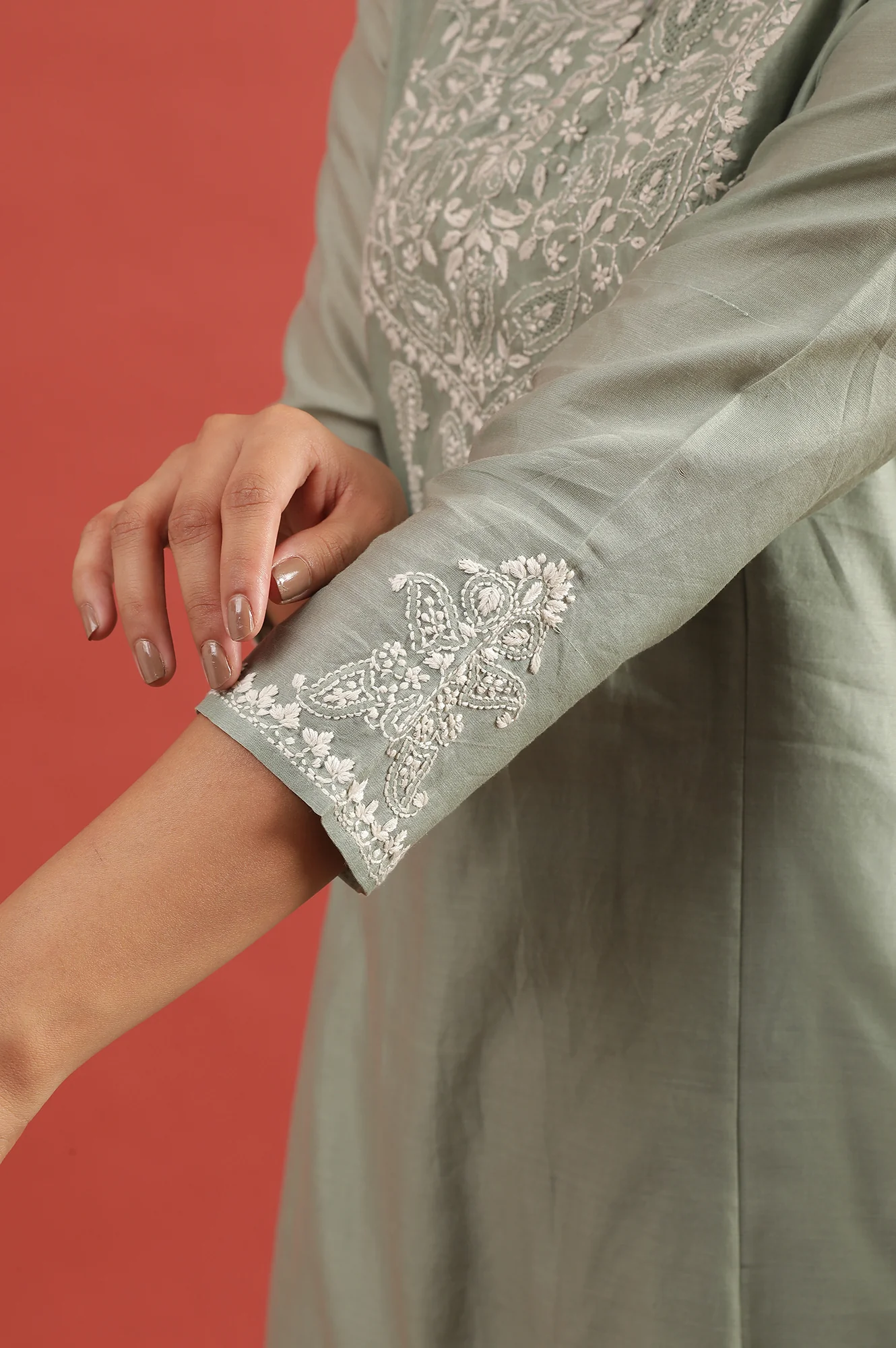 Light Green Chikankari Kurta In Cotton Silk - Image 7