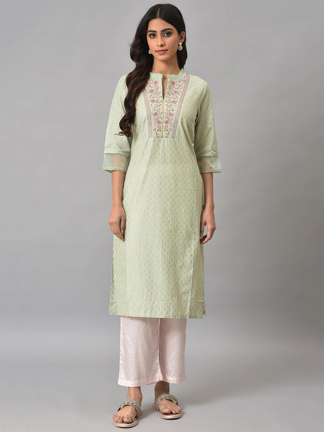 Light Green Embroidered kurta In Round Neck
