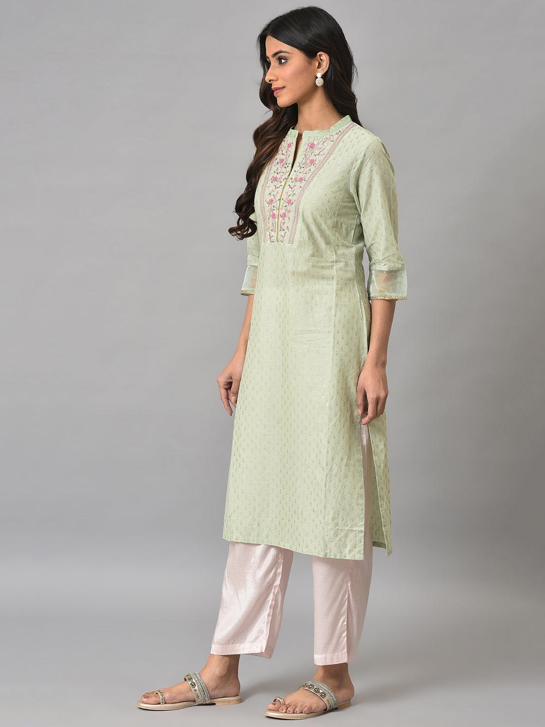 Light Green Embroidered kurta In Round Neck - Image 3