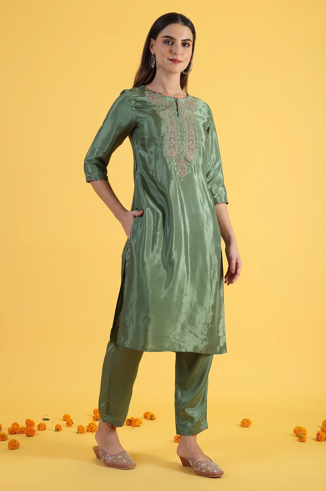 Light Green Embroidered Shantung Straight Kurta and Pants Co-ord Set - Image 15