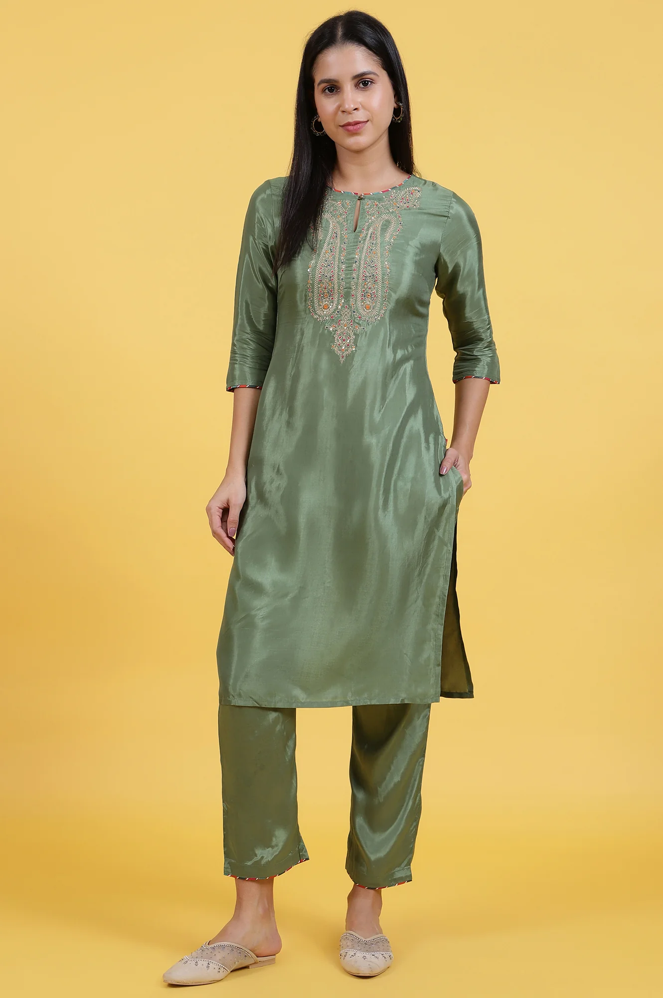 Light Green Embroidered Shantung Straight Kurta and Pants Co-ord Set - Image 3