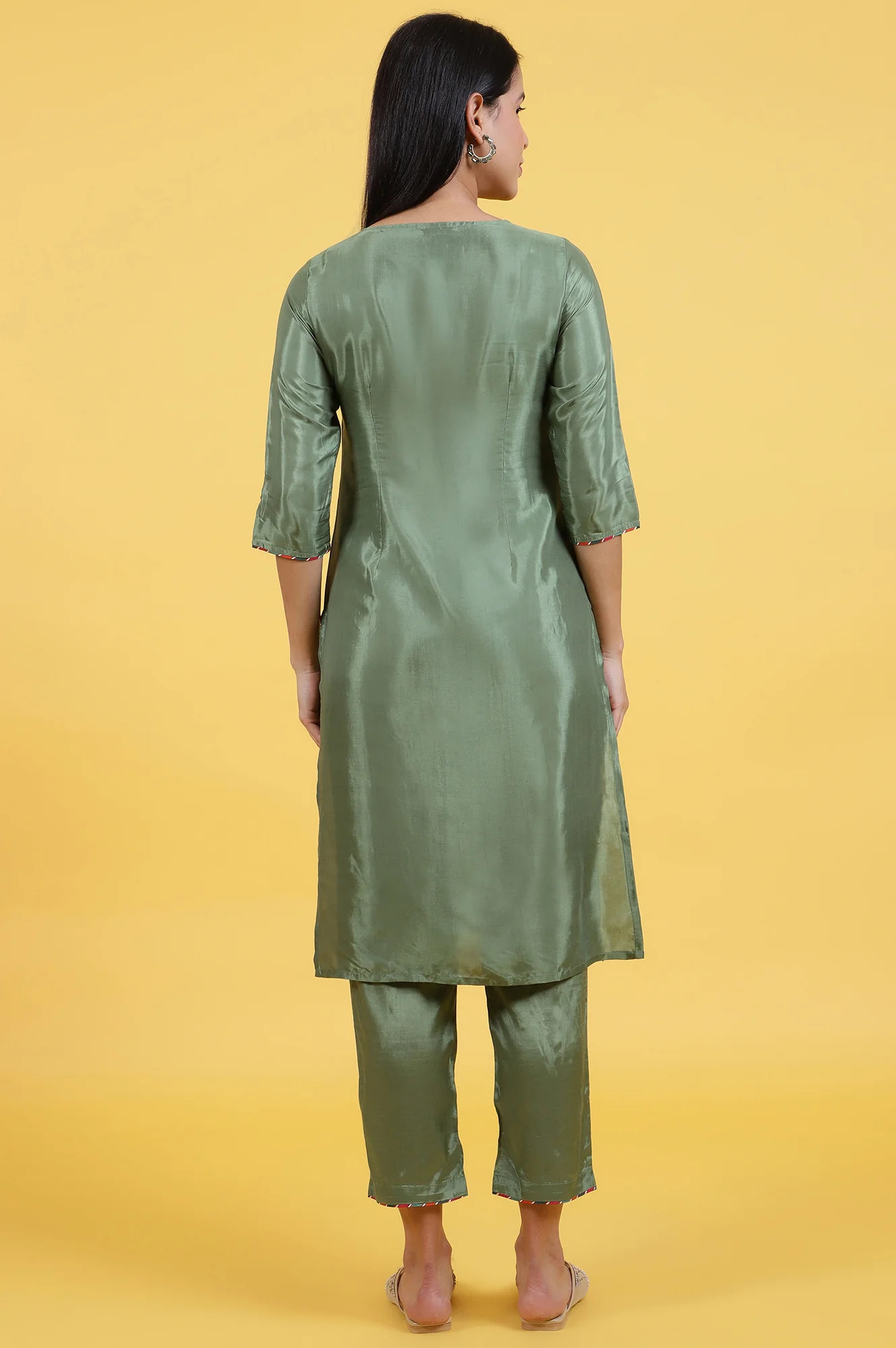 Light Green Embroidered Shantung Straight Kurta and Pants Co-ord Set - Image 6