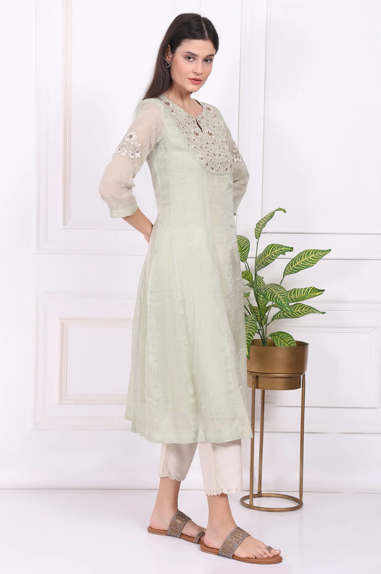 Light Green Embroidered Silk Blend Straight Kurta, Pants and Dupatta Set - Image 6