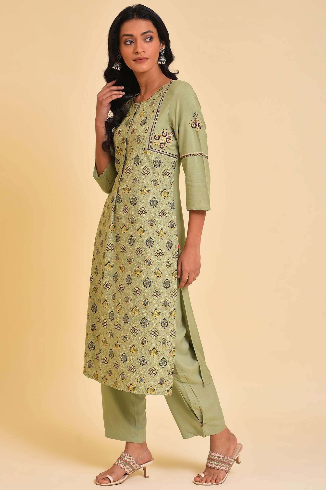 Light Green Embroidered Yoke Plus Size kurta - Image 3