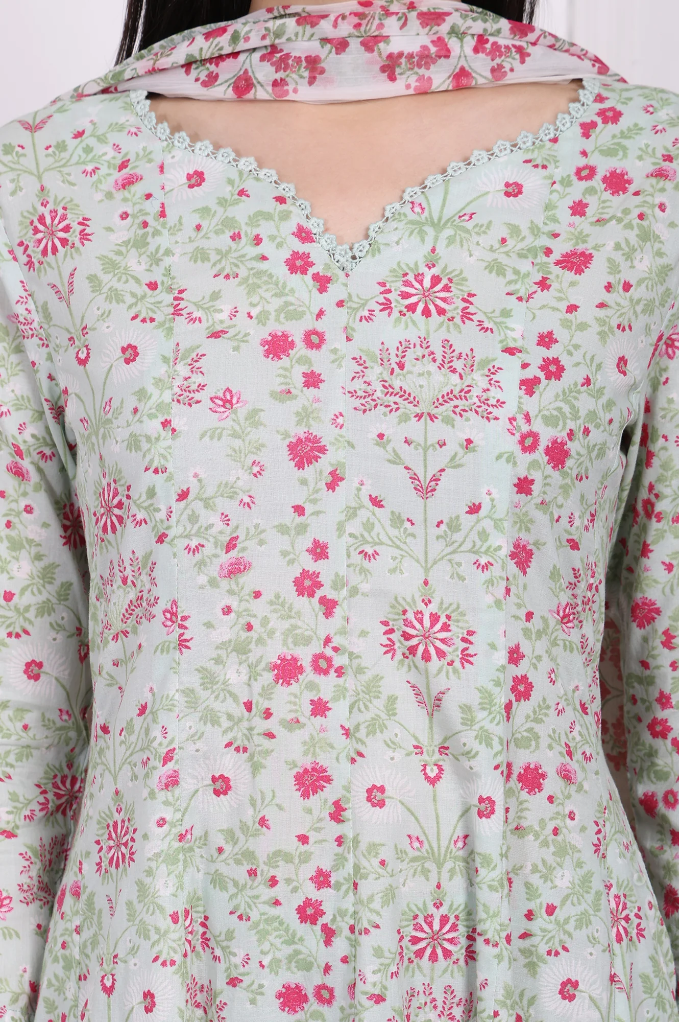 Light Green Floral Printed Lace Trim Anarkali Cotton Kurta with Straight Pant and Dupatta Set - Image 3