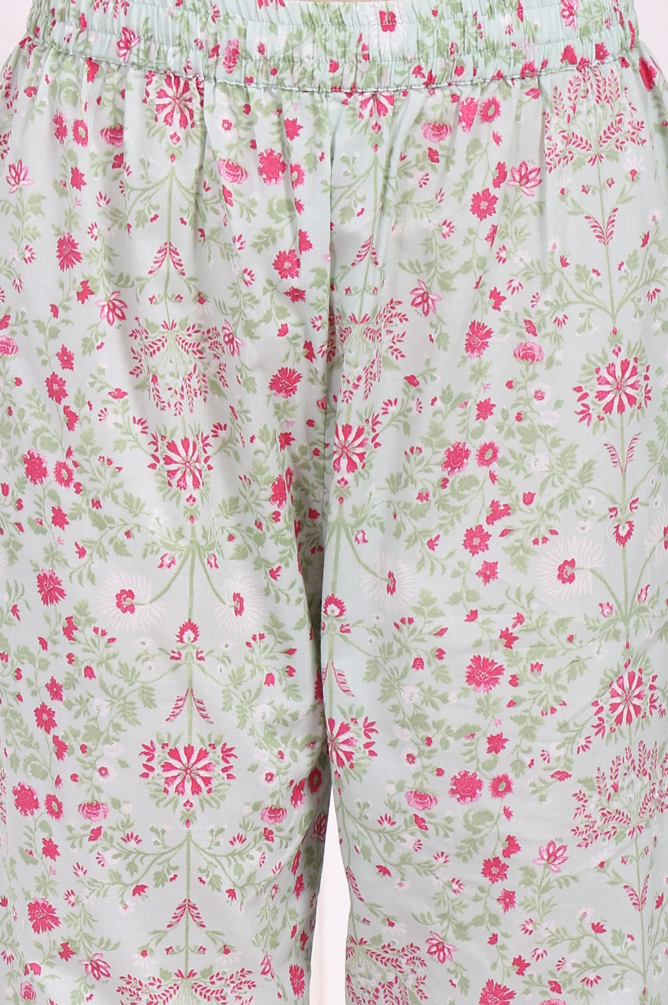 Light Green Floral Printed Lace Trim Anarkali Cotton Kurta with Straight Pant and Dupatta Set - Image 8